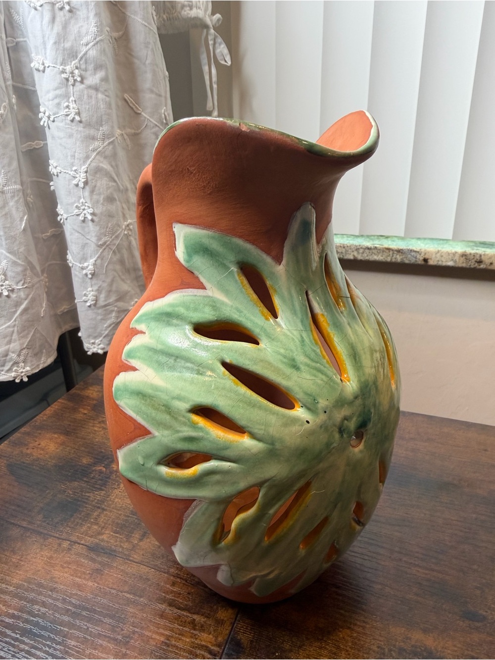 Vintage Terracotta Ceramic Vase with Green Glaze Cutout Design